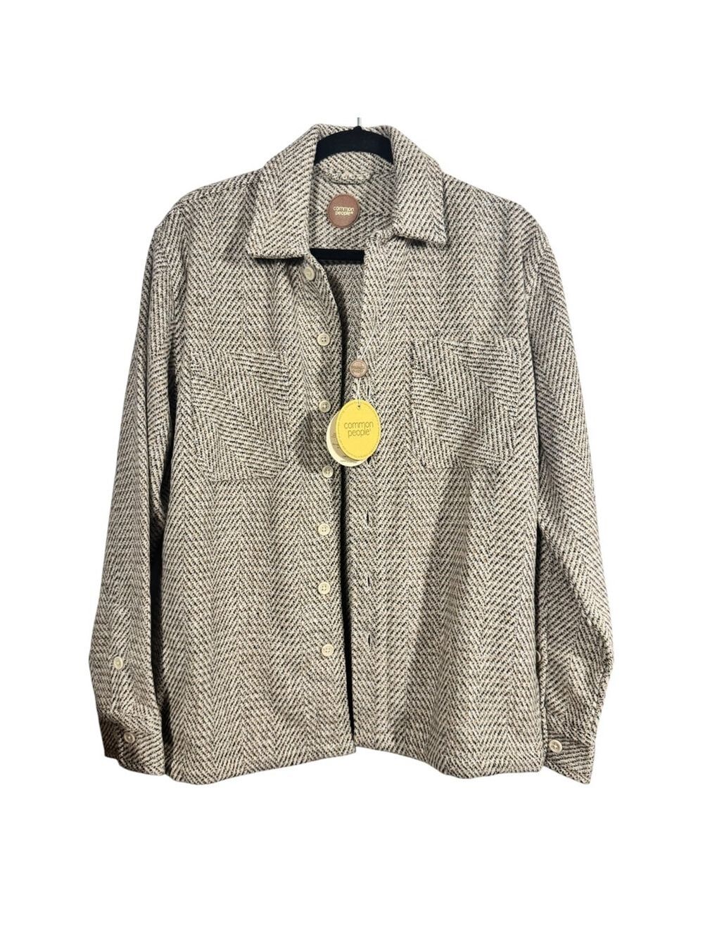 Men's S Common People Over Shirt Jacket Beige Black Herringbone Button Front